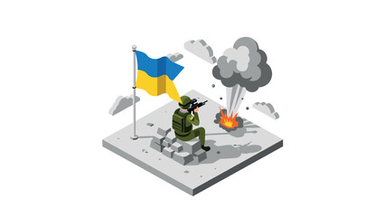 Fototapeta premium Isometric soldier with ukrainian flag and explosion scene