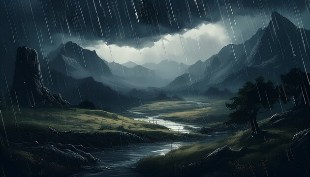 artwork depicting rain falling on a dark dreary landscape