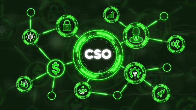 C S O cybersecurity concept with interconnected and symbols on dark background network