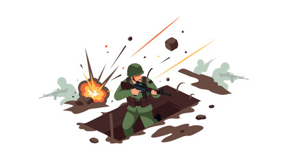 Fototapeta premium Soldier in trench amidst battle with explosions and gunfire in flat design