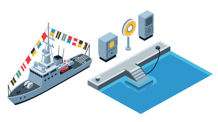 Isometric navy warship and dock scene with bright flags and nautical equipment