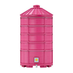 A cylindrical, magenta-colored structure with tiered levels, conical roof, isolated on black