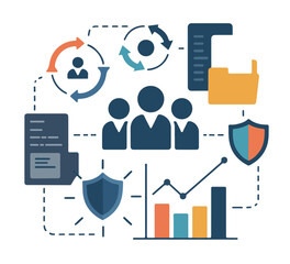 Business process and workflow illustration with team, gears, documents, and security icon