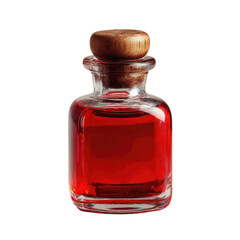 Small glass bottle, filled with red liquid, closed with a wooden cork, set against black