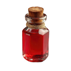 Small glass bottle filled with red liquid, closed with a cork and tied with string