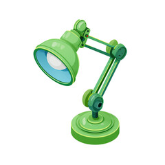 Cartoon-styled, green desk lamp, featuring a curved shade, adjustable arm, and rounded base