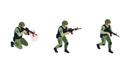 Fototapeta premium Isometric soldier illustrations in combat poses on white background