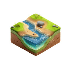 Isometric cross-section revealing terrain river, grass, sand, soil layers, and clear water