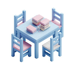 Isometric view of a child's table with four chairs and books in pastel blue and pink