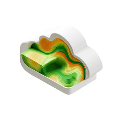 Three-dimensional abstract cloud shape with cross-section revealing colorful, layered terrain