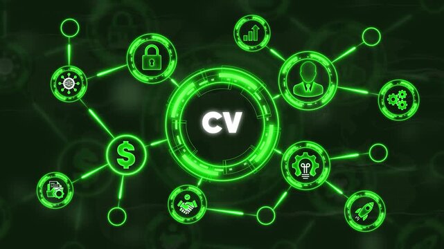 C V resume concept with connected representing skills experience and qualifications in a futuristic neon green network