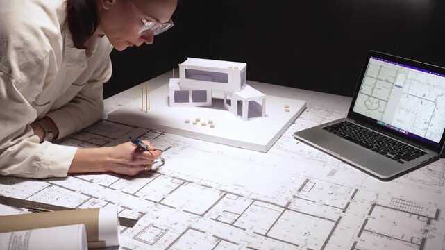 Architect carefully drafting blueprint plans on a desk with a building model and laptop, designing civil engineering projects and urban development