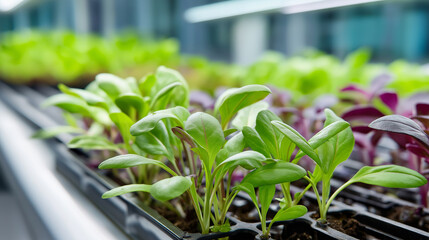 Fresh green and purple seedlings in controlled growth environment, sustainable urban farming concept, vertical farm technology, eco-friendly food production, defocused plant rows b