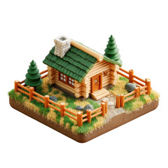 Isometric 3D rendering of a wooden cabin with green roof, small trees, and fence