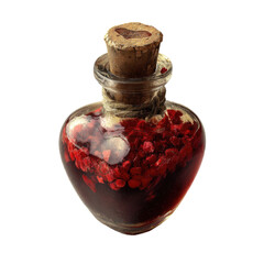 Heart-shaped glass vial filled with a dark liquid and red heart-shaped bits, sealed with cork