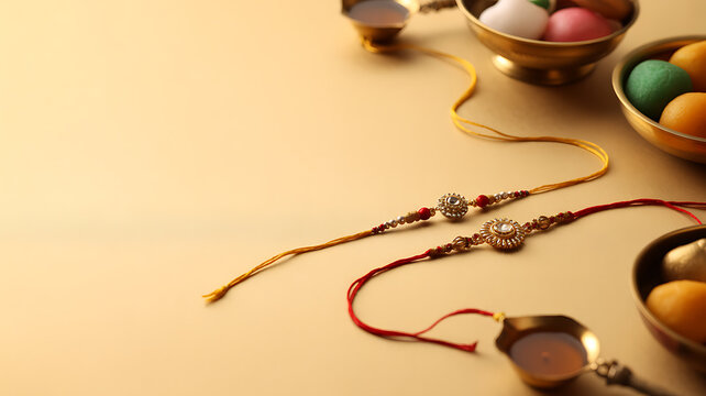 Traditional Rakhi bracelets with decorative threads and ceremonial items on a warm-toned surface