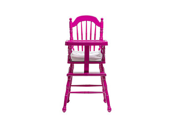A vibrant magenta high chair with a white cushion against a solid black backdrop