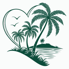 Obraz premium Heart-shaped island with palm trees, a beautiful vector illustration evoking love for exotic destinations.