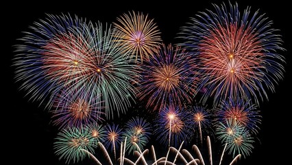 Vibrant Fireworks Explode in Night Sky.