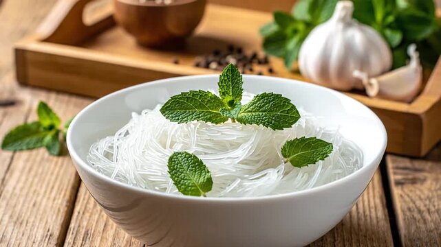 White noodles in bowl with herbs.