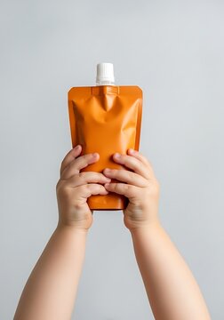 Child hands holding orange baby food pouch. Blank plastic flexible packaging for puree or infant snack with cap. Mockup design.