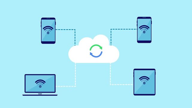 Flat vector illustration of a cloud with a sync icon connected to smartphones and laptops, representing cloud data synchronization across multiple devices on a light blue background.
