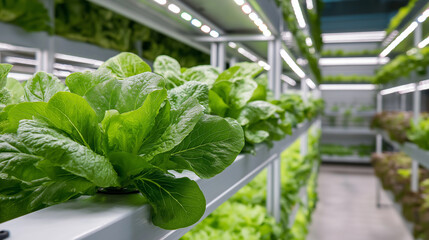 Vertical farming rows of leafy greens, modern indoor farm environment, sustainable agriculture, controlled climate cultivation, hydroponic vegetable production, LED lighting system
