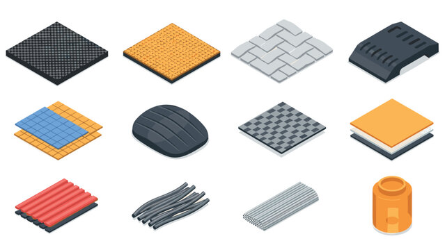 Isometric construction materials set featuring bricks, tiles, pipes, steel, and flooring patterns