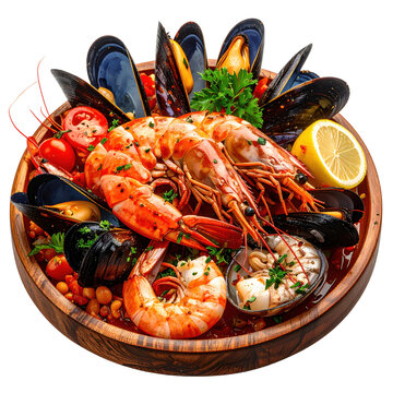 Spanish zarzuela de mariscos, a luxurious mixed seafood casserole with a rich sauce, isolated on white background
