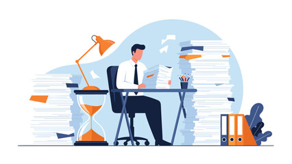 Fototapeta premium Tired businessman working late at his office desk with huge piles of papers and an hourglass showing time running out.