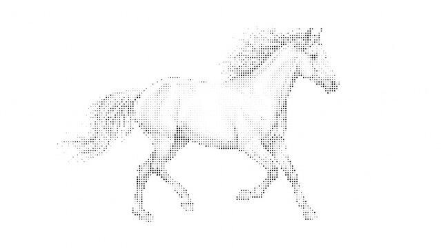 Halftone horse, vintage pixel art effect, retro dithered equine silhouette
