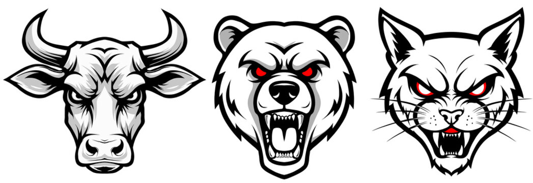 Fierce Bull, Bear, and Wildcat Animal Mascots ,graphic project requiring an intense and wild animal theme. The artwork is in a bold linework style with striking red eye accents for a strong visual