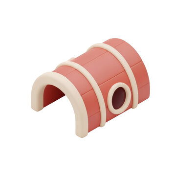 Small red and cream plastic pet tunnel toy for hamsters or gerbils isolated on a white background.