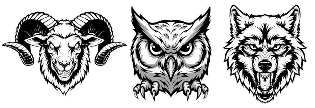 Fierce Ram, Owl, and Wolf Animal Mascots ,These dynamic black and white designs are perfect for sports team mascots, logos, t-shirt prints, or any graphic design project requiring an intense 
