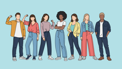 Obraz premium Diverse group of young men and women standing together in a line while wearing casual modern clothing against a plain background.
