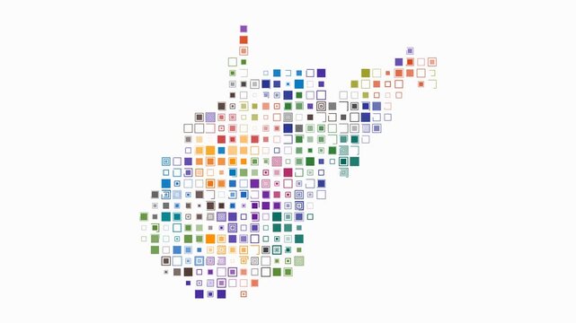 West Virginia animated shape. Pulsating colored dots on the map of the state. Large size square blocks. Digital style West Virginia map on white background. Vibrant animation video.