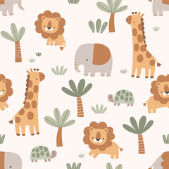 Neutral Cute Safari Animal Seamless Pattern with Giraffe, Lion and Elephant for Baby Nursery Fabric and Wallpaper