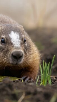 Vertical video: Recording rodent holding head low at ground, blinking near pale leaf while watching