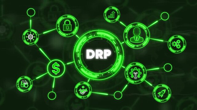 Disaster Recovery Plan D R P Concept with Green Neon and Connections business continuity cybersecurity