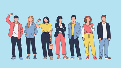 Obraz premium Large group of diverse young people stand together side by side against a light blue background in stylish casual wear.