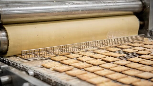 Medium shot of dough sheet smoothly passing through rollers while square cracker shapes are precisely cut and separated on an industrial conveyor belt.