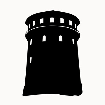 A black silhouette of a tower with windows