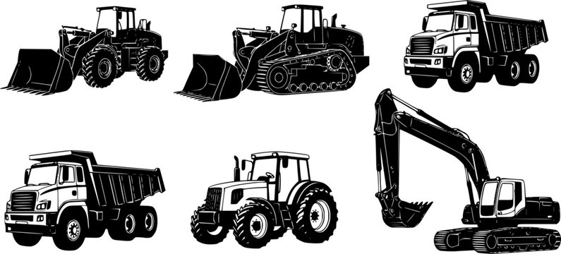 Silhouette collection of heavy machinery including front loader, track loader, dump truck, farm tractor, and excavator, construction and agriculture equipment illustration See Less
