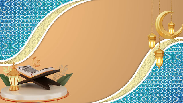 Elegant Islamic concept graphic with sacred holy book and crescent moons, perfect for Ramadan celebrations, cultural events, and spiritual reflection design background