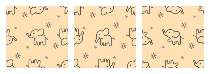 Fototapeta premium Elephant Doodle Hand Drawn Seamles Pattern, Cute Animal vector Set Collection