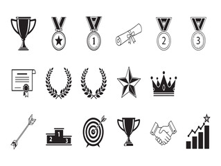 Collection of black and white achievement icons including trophies medals and laurel wreaths