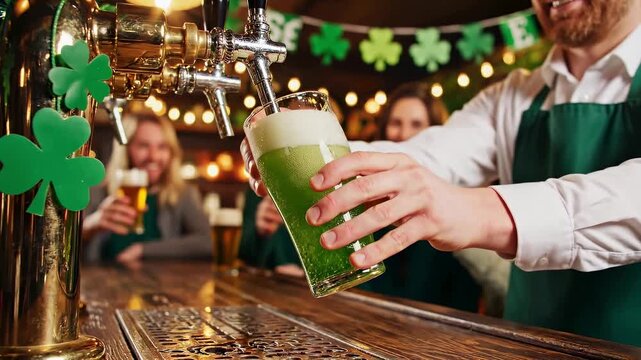 Professional bartender pouring a pint of green draft beer from a tap into a glass at a pub decorated with shamrocks, celebrating saint patrick's day with cheerful friends in the background