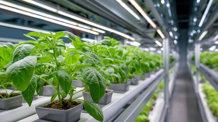 Indoor vertical farm growing green plants, controlled environment agriculture, sustainable food production, modern farming technology, hydroponic systems, LED lighting infrastructu