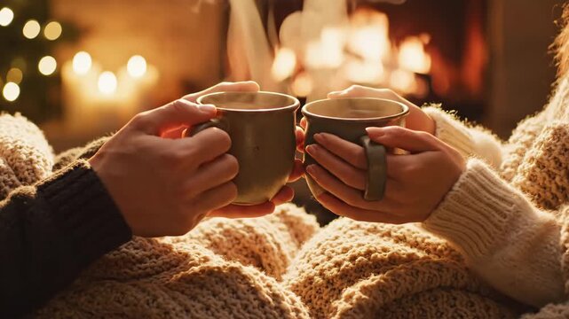 Romantic couple's hands holding mugs of steaming hot cocoa or tea, enjoying a cozy winter evening together by a warm fireplace with christmas lights creating a magical atmosphere in the background