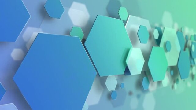 Abstract geometric background with floating blue and teal hexagonal shapes in 3d motion